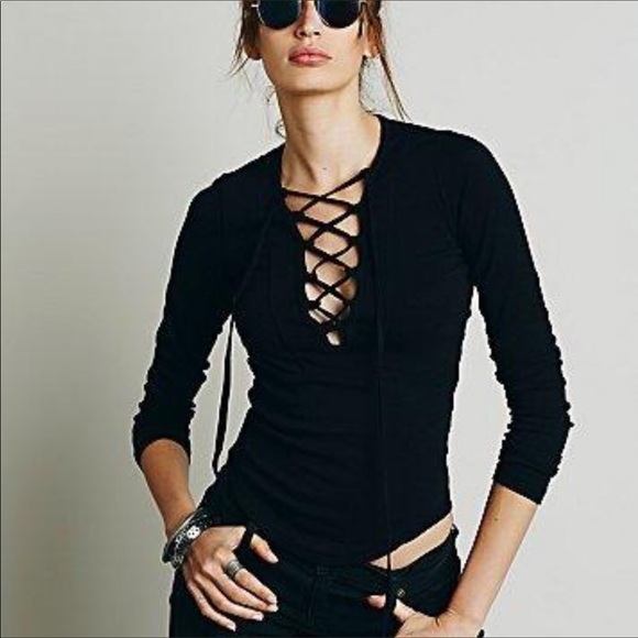 Free People black lace up blouse - Picture 2 of 8